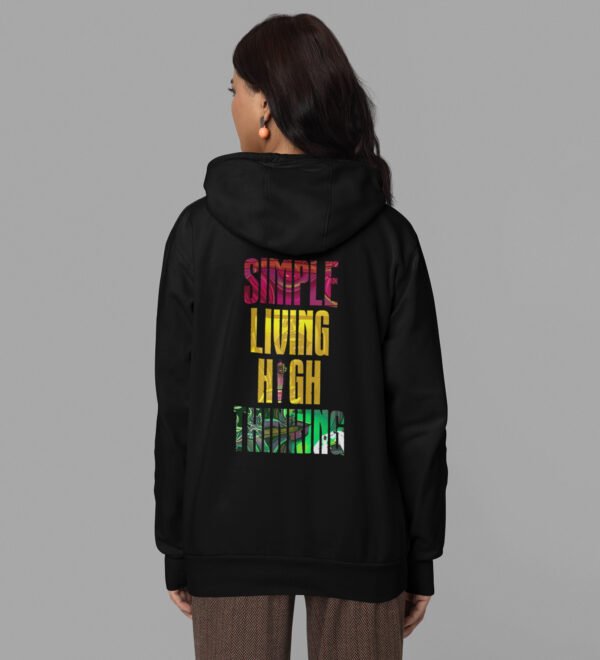 Elevate the Mind Simple Living High Thinking Black Cotton Printed Hoodie For Women - Image 3