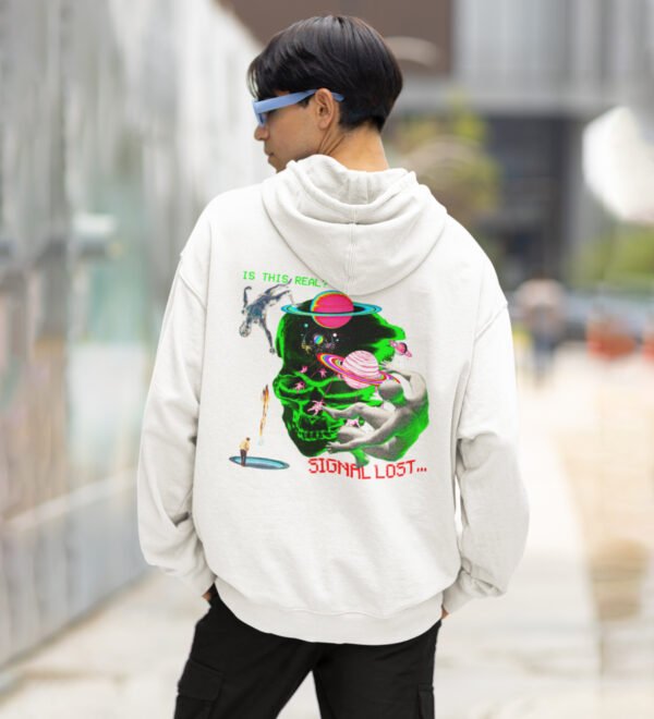 Signal Lost: Disconnect and Relax White Cotton Printed Hoodies For Men