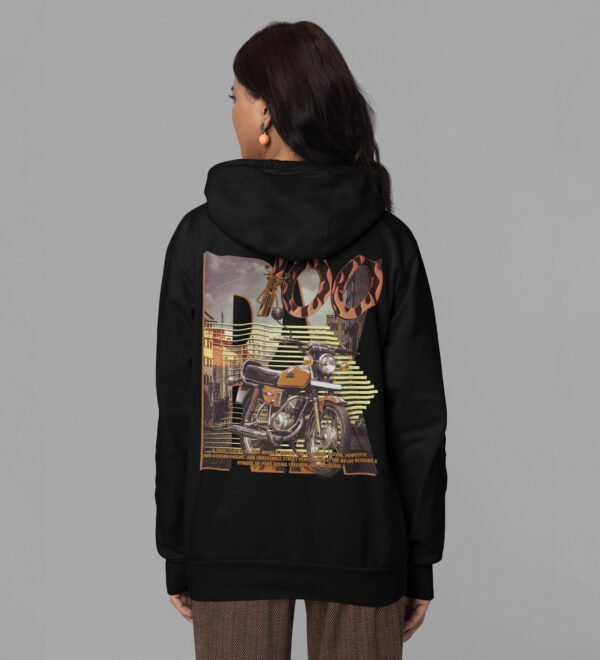 RX 100: A Legend Reborn on the Road – Printed Black Hoodie for Women - Image 3