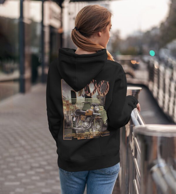 RX 100: A Legend Reborn on the Road – Printed Black Hoodie for Women