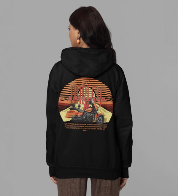 The Open Road Awaits – Iconic Cruiser Printed Black Hoodie for Women - Image 3