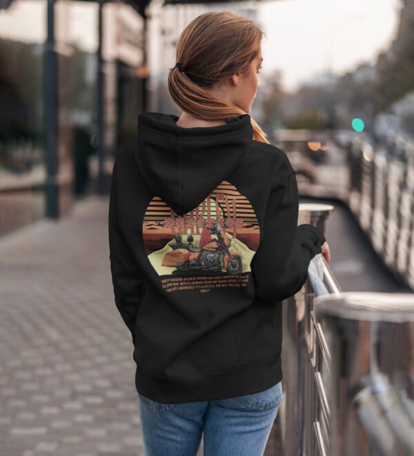 The Open Road Awaits – Iconic Cruiser Printed Black Hoodie for Women