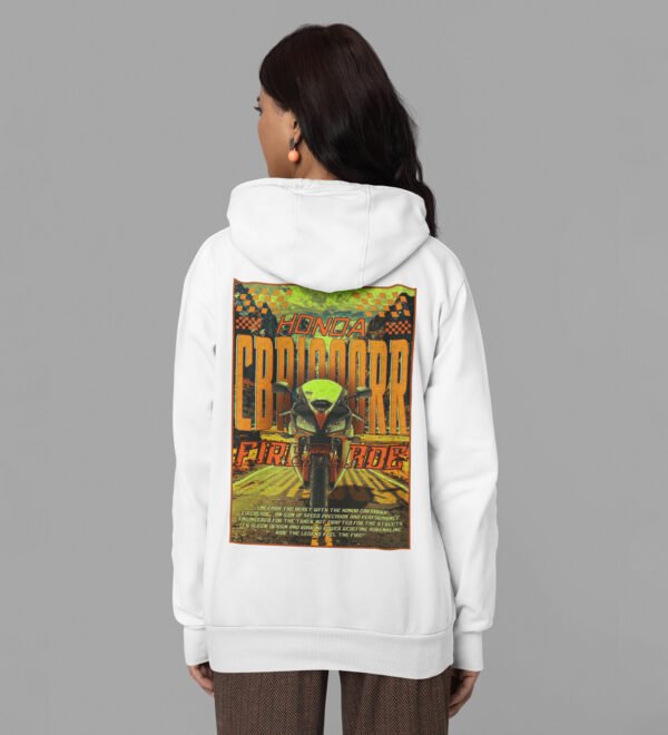 Ride with the Best – Performance Sports Bike Printed White Hoodie for Women - Image 3