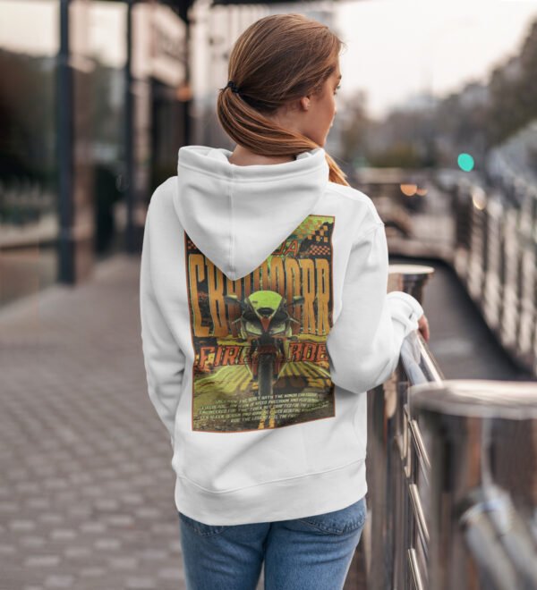 Ride with the Best – Performance Sports Bike Printed White Hoodie for Women