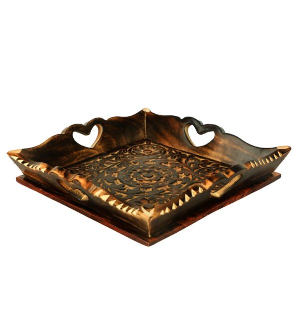 A Pack of 3 Wooden Tray with Intricate Heart Design for Serving or Decor