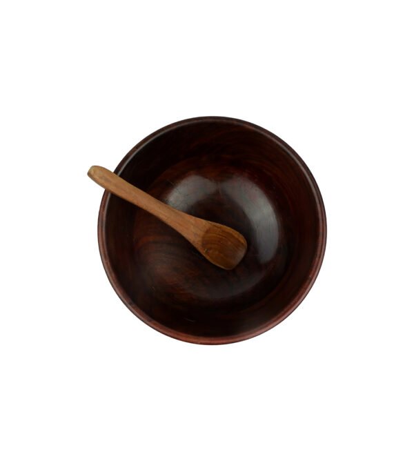 Large Wooden Japanese Glossy Round Bowl with Two Spoons for Kitchen and Table