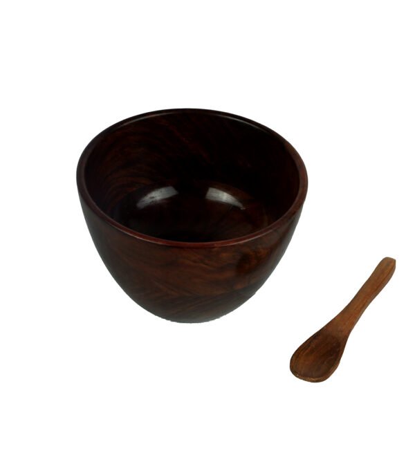 Large Wooden Japanese Glossy Round Bowl with Two Spoons for Kitchen and Table - Image 3