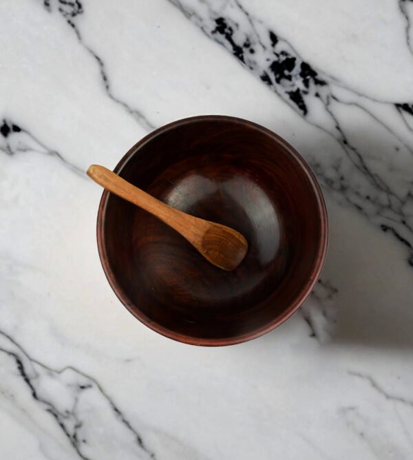 Large Wooden Japanese Glossy Round Bowl with Two Spoons for Kitchen and Table - Image 4