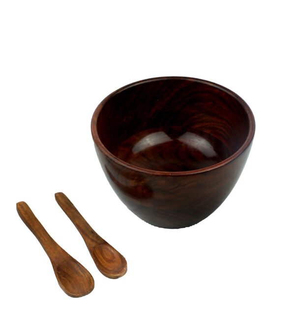 Large Wooden Japanese Glossy Round Bowl with Two Spoons for Kitchen and Table - Image 5