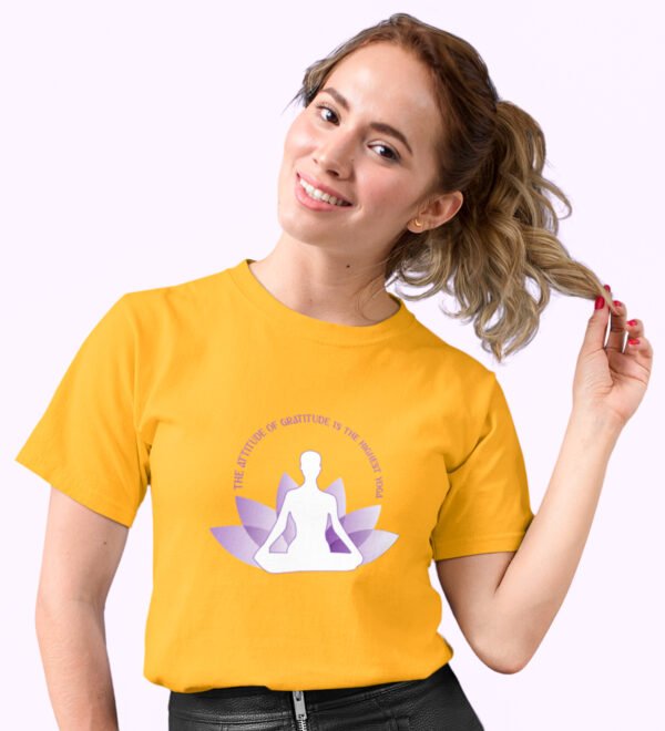 Attitude Of Gratitude Yellow Round Neck Cotton Half Sleeved Women T-Shirt with Printed Graphics - Image 2