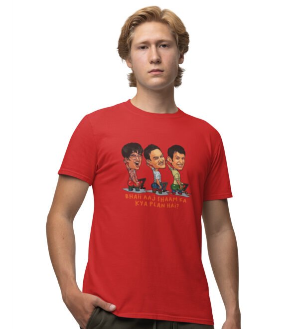 What's The Plan ? : Printed Cotton Red Round Neck Half Sleeved T-Shirt