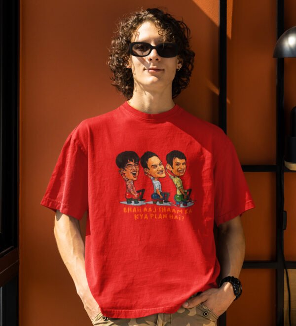 What's The Plan ? : Printed Cotton Red Round Neck Half Sleeved T-Shirt - Image 3