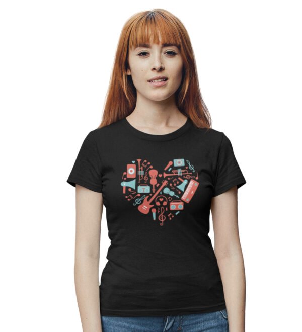 Girl Playing Flute T-Shirt for Women (Black) Casual Printed with Short Sleeve