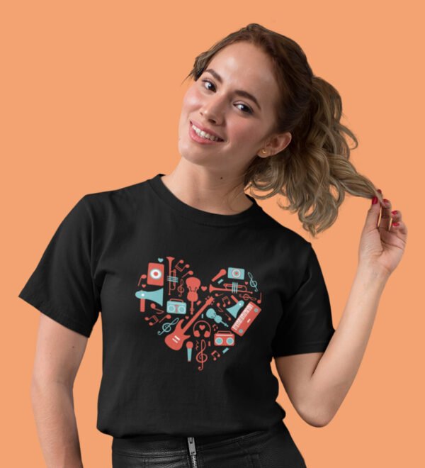 Girl Playing Flute T-Shirt for Women (Black) Casual Printed with Short Sleeve - Image 2