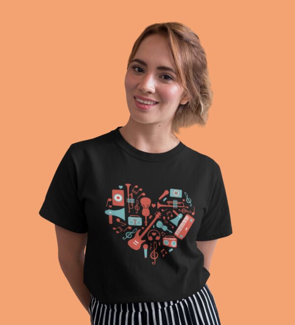 Girl Playing Flute T-Shirt for Women (Black) Casual Printed with Short Sleeve - Image 3
