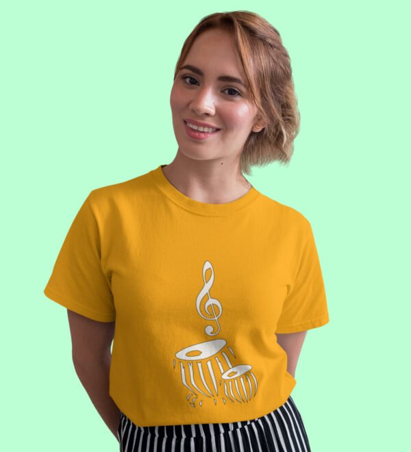 Music Notes T-Shirt for Women (Yellow) Casual Printed with Short Sleeve - Image 2
