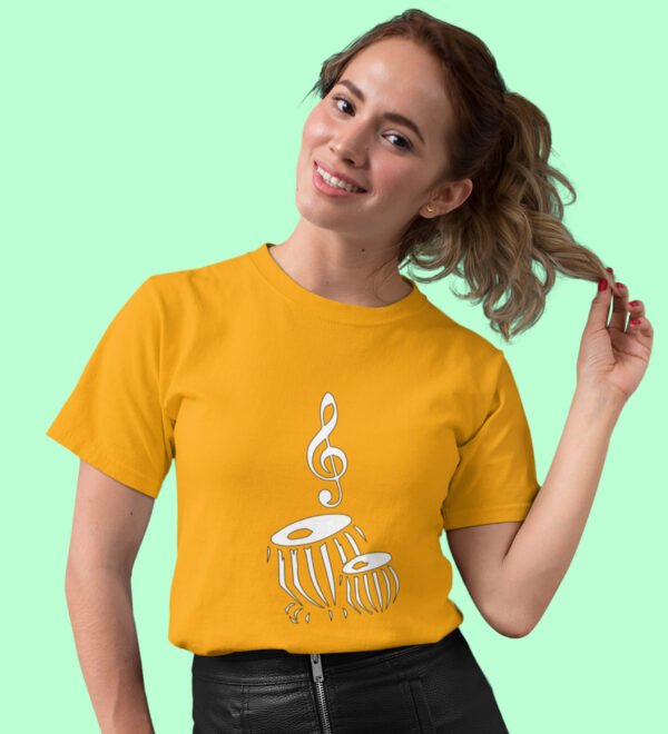 Music Notes T-Shirt for Women (Yellow) Casual Printed with Short Sleeve - Image 3