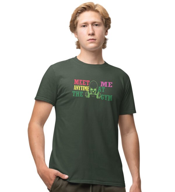 Meet Me Anytime At The Gym Green Round Neck Cotton Half Sleeved Men's T-Shirt with Printed Graphics