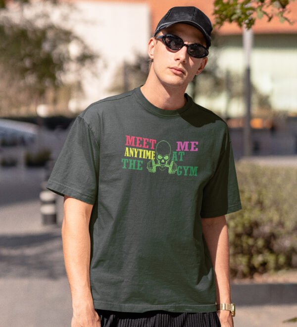 Meet Me Anytime At The Gym Green Round Neck Cotton Half Sleeved Men's T-Shirt with Printed Graphics - Image 2