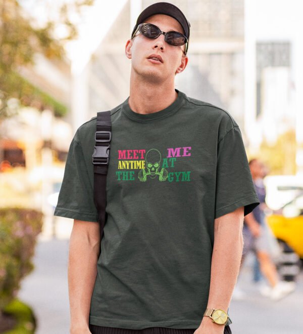 Meet Me Anytime At The Gym Green Round Neck Cotton Half Sleeved Men's T-Shirt with Printed Graphics - Image 3