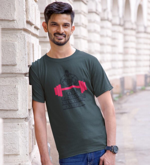 Gym Power Fitness Green Round Neck Cotton Half Sleeved Men's T-Shirt with Printed Graphics - Image 2