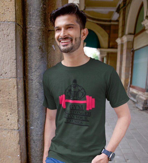 Gym Power Fitness Green Round Neck Cotton Half Sleeved Men's T-Shirt with Printed Graphics - Image 3