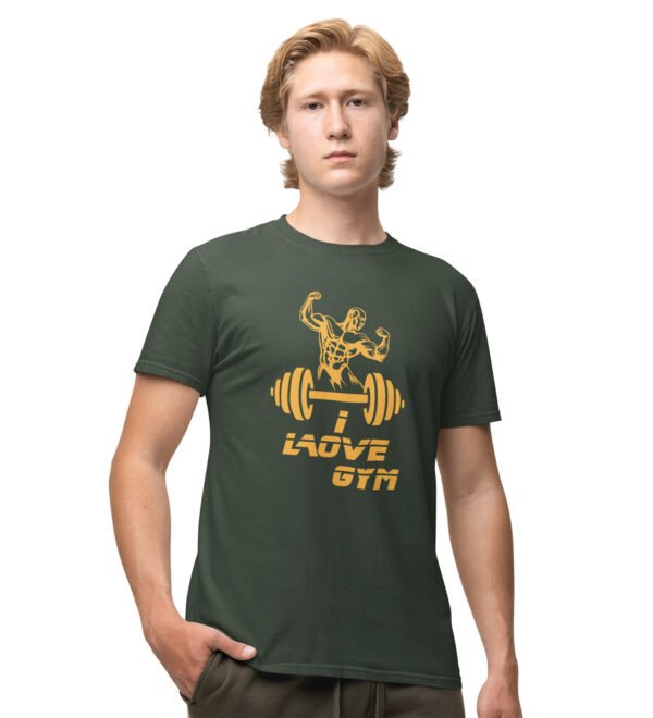 I Love Gym (BG Golden) Green Round Neck Cotton Half Sleeved Men's T-Shirt with Printed Graphics
