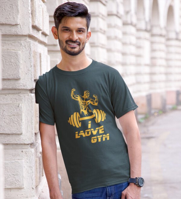 I Love Gym (BG Golden) Green Round Neck Cotton Half Sleeved Men's T-Shirt with Printed Graphics - Image 3