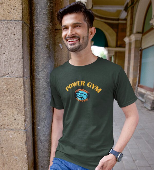 Power Gym Green Round Neck Cotton Half Sleeved Men's T-Shirt with Printed Graphics - Image 3