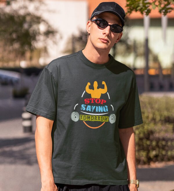 Stop Procastination Green Round Neck Cotton Half Sleeved Men's T-Shirt with Printed Graphics - Image 2
