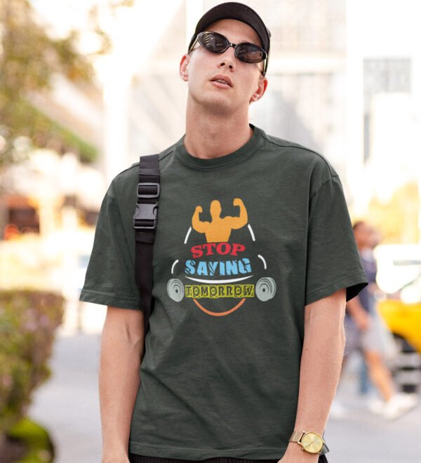 Stop Procastination Green Round Neck Cotton Half Sleeved Men's T-Shirt with Printed Graphics - Image 3
