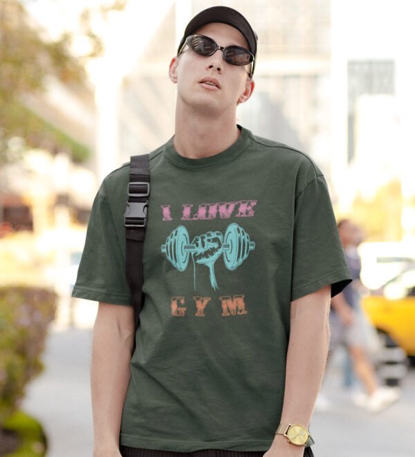 I Love Gym Green Round Neck Cotton Half Sleeved Men's T-Shirt with Printed Graphics - Image 3