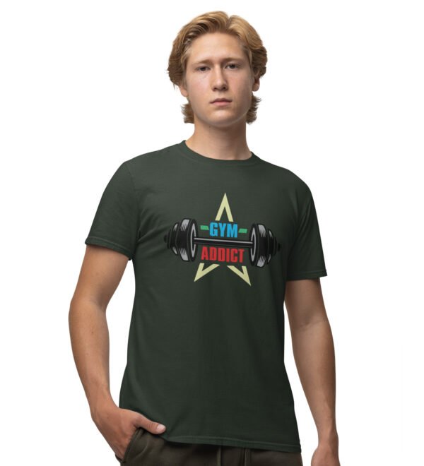 A Gym Addict Green Round Neck Cotton Half Sleeved Men's T-Shirt with Printed Graphics