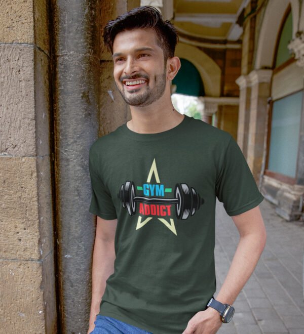 A Gym Addict Green Round Neck Cotton Half Sleeved Men's T-Shirt with Printed Graphics - Image 3