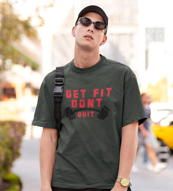 Get Fit Don't Quit Green Round Neck Cotton Half Sleeved Men's T-Shirt with Printed Graphics - Image 3
