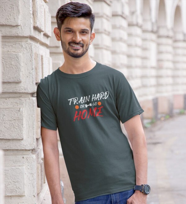 Train Hard Or Go Home (BG Red and White) Green Round Neck Cotton Half Sleeved Men's T-Shirt with Printed Graphics - Image 3