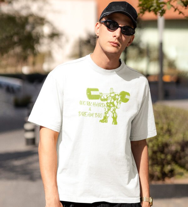 Hard Work & Dream Big (BG Green) White Round Neck Cotton Half Sleeved Men's T-Shirt with Printed Graphics - Image 3