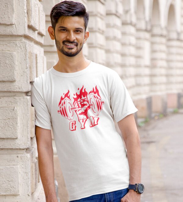 Gym White Round Neck Cotton Half Sleeved Men's T-Shirt with Printed Graphics - Image 2