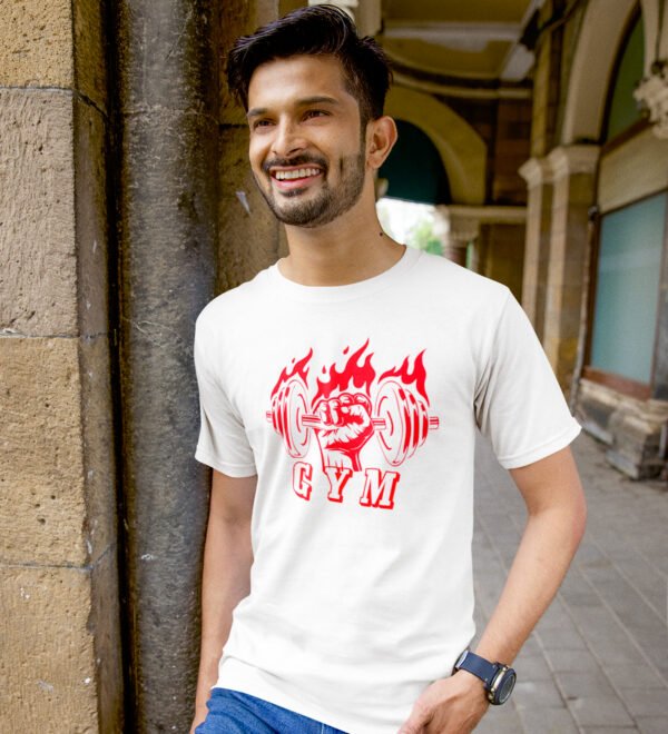 Gym White Round Neck Cotton Half Sleeved Men's T-Shirt with Printed Graphics - Image 3