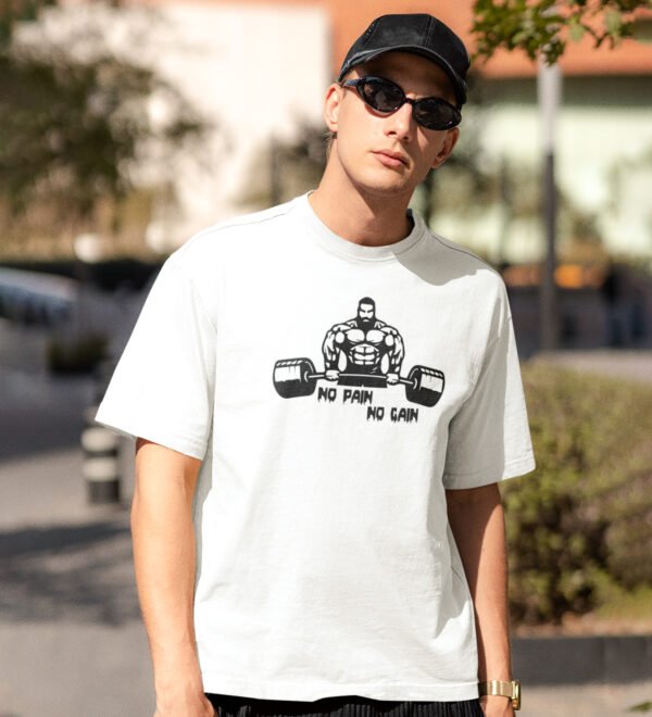 No Pain, No Gain White Round Neck Cotton Half Sleeved Men's T-Shirt with Printed Graphics - Image 2