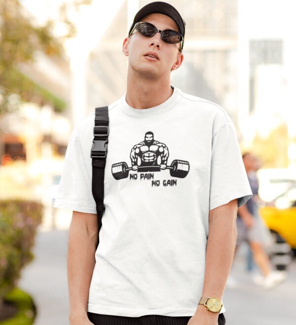 No Pain, No Gain White Round Neck Cotton Half Sleeved Men's T-Shirt with Printed Graphics - Image 3