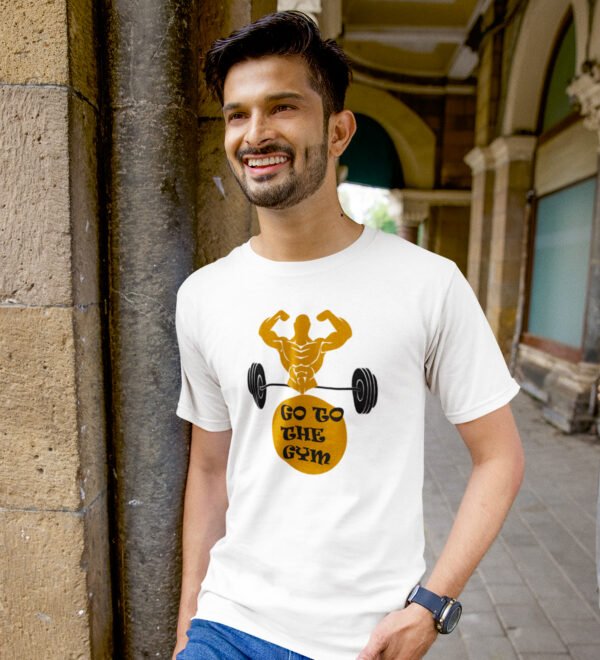 Go To The Gym White Round Neck Cotton Half Sleeved Men's T-Shirt with Printed Graphics - Image 3