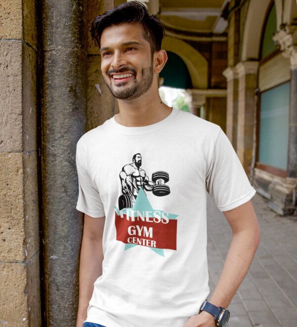 Gym Center White Round Neck Cotton Half Sleeved Men's T-Shirt with Printed Graphics - Image 2