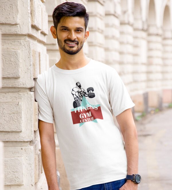 Gym Center White Round Neck Cotton Half Sleeved Men's T-Shirt with Printed Graphics - Image 3