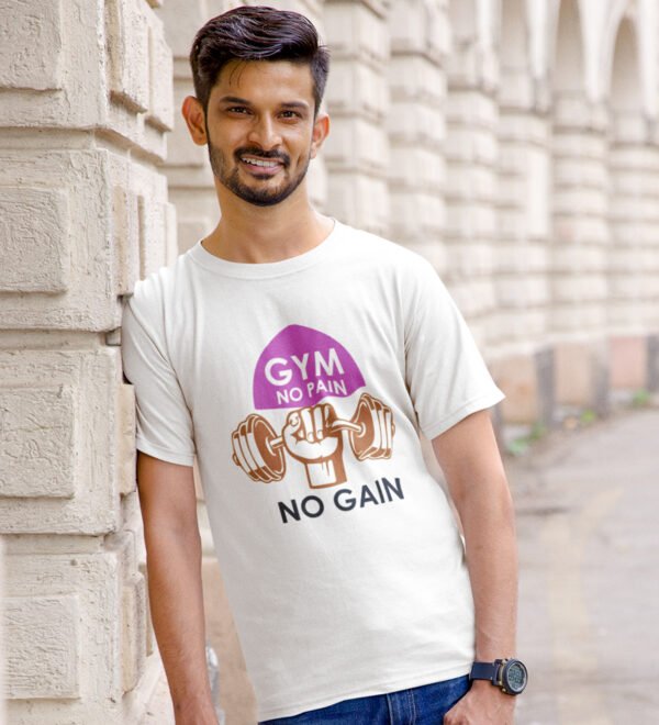 Gain Comes With Pain White Round Neck Cotton Half Sleeved Men's T-Shirt with Printed Graphics - Image 2