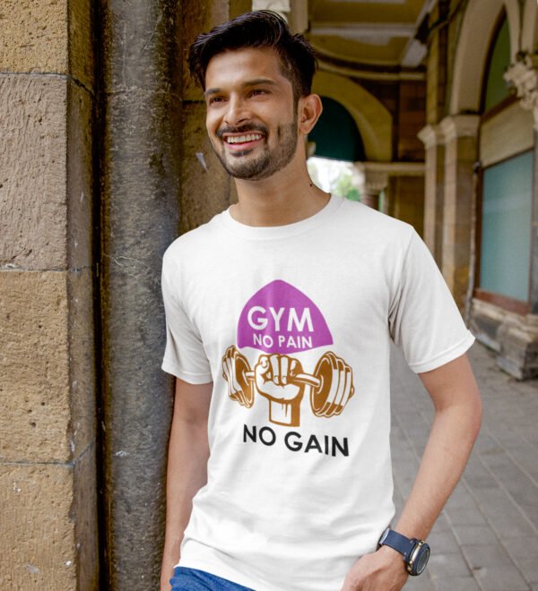 Gain Comes With Pain White Round Neck Cotton Half Sleeved Men's T-Shirt with Printed Graphics - Image 3