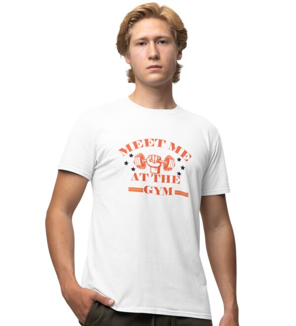 Meet Me At The Gym, (BG Orange) White Round Neck Cotton Half Sleeved Men's T-Shirt with Printed Graphics