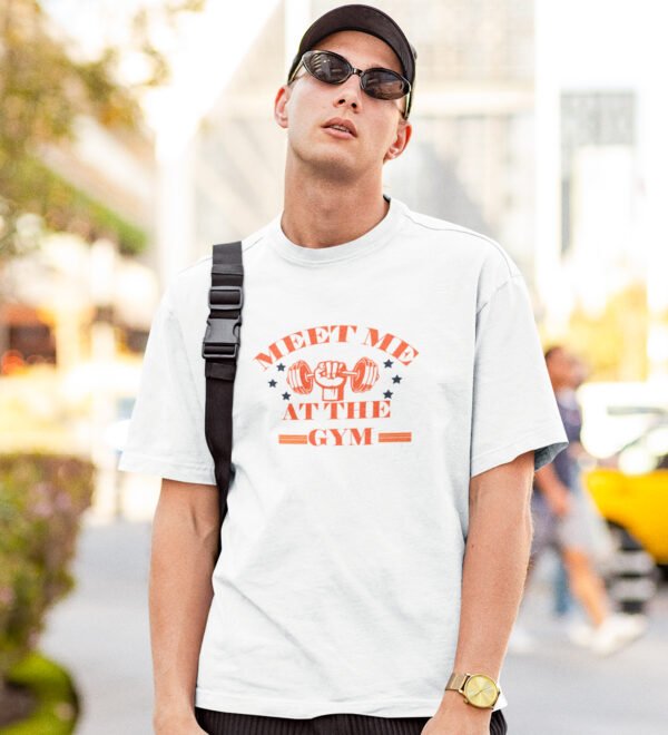 Meet Me At The Gym, (BG Orange) White Round Neck Cotton Half Sleeved Men's T-Shirt with Printed Graphics - Image 2