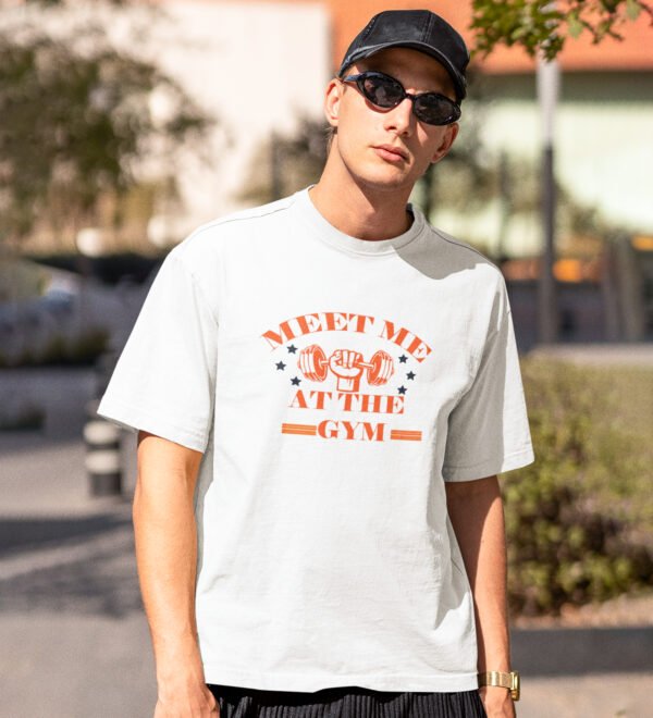 Meet Me At The Gym, (BG Orange) White Round Neck Cotton Half Sleeved Men's T-Shirt with Printed Graphics - Image 3
