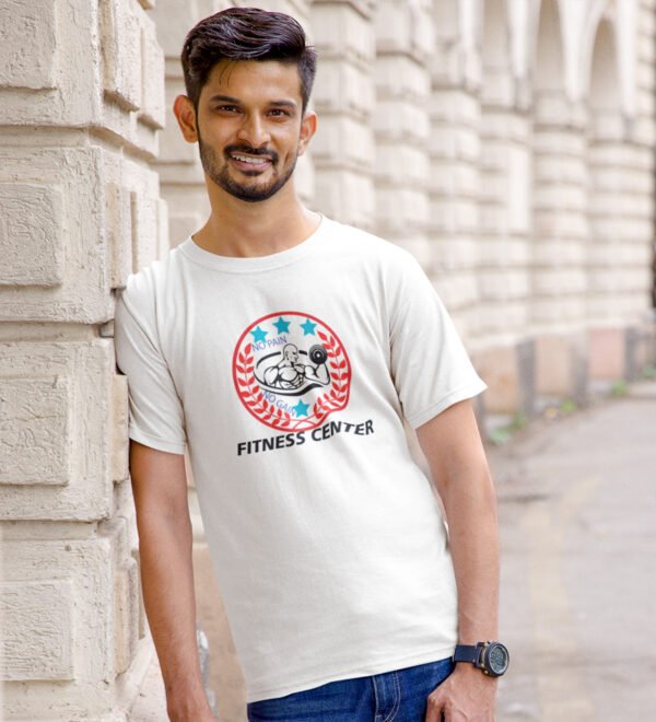 Fitness Center White Round Neck Cotton Half Sleeved Men's T-Shirt with Printed Graphics - Image 2